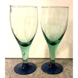 2 Handblown Mexican Wine/Goblet glasses Green With Blue Base 9.25"  # 3249